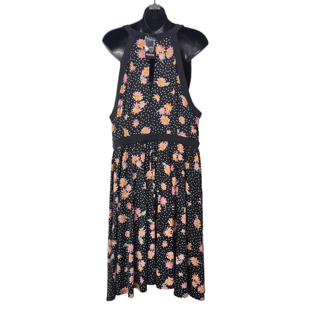 Torrid Size 2 Black Floral Polka Dot Sleeveless Halter Midi Dress Stretch NWT - Picture 2 of 8